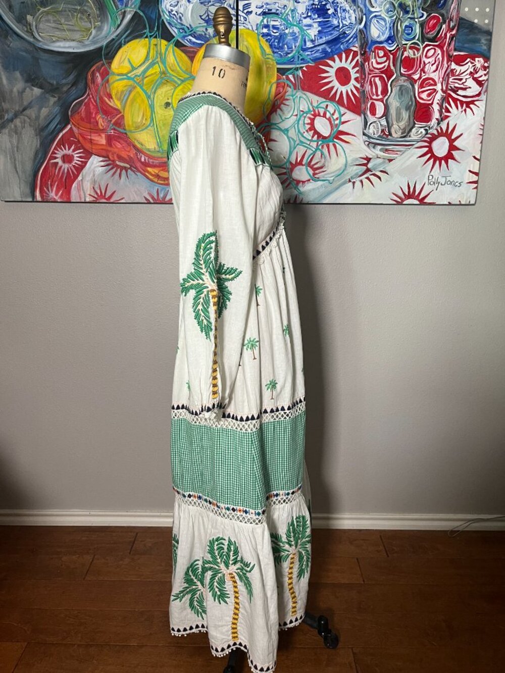 FARM Rio Embroidered Palm Tree Gingham Green White Maxi Dress - Picture 5 of 12